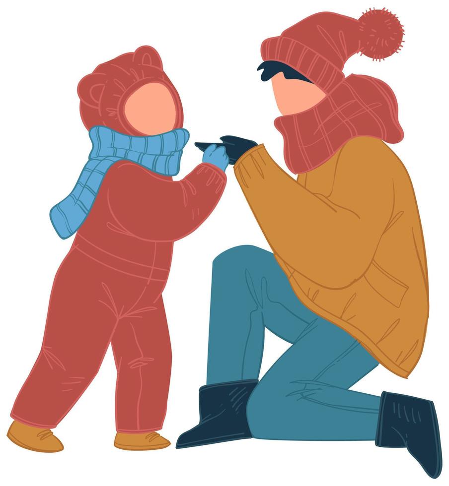 mamá y niño vistiendo ropa de abrigo temporada de invierno vector