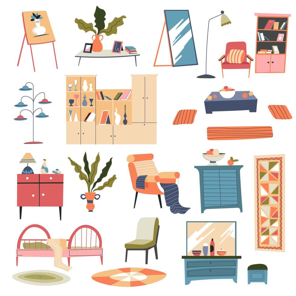 Interior design elements, furniture and decor vector