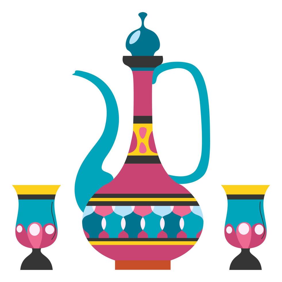 Colored tea pot and cups, Oriental Arabic culture vector