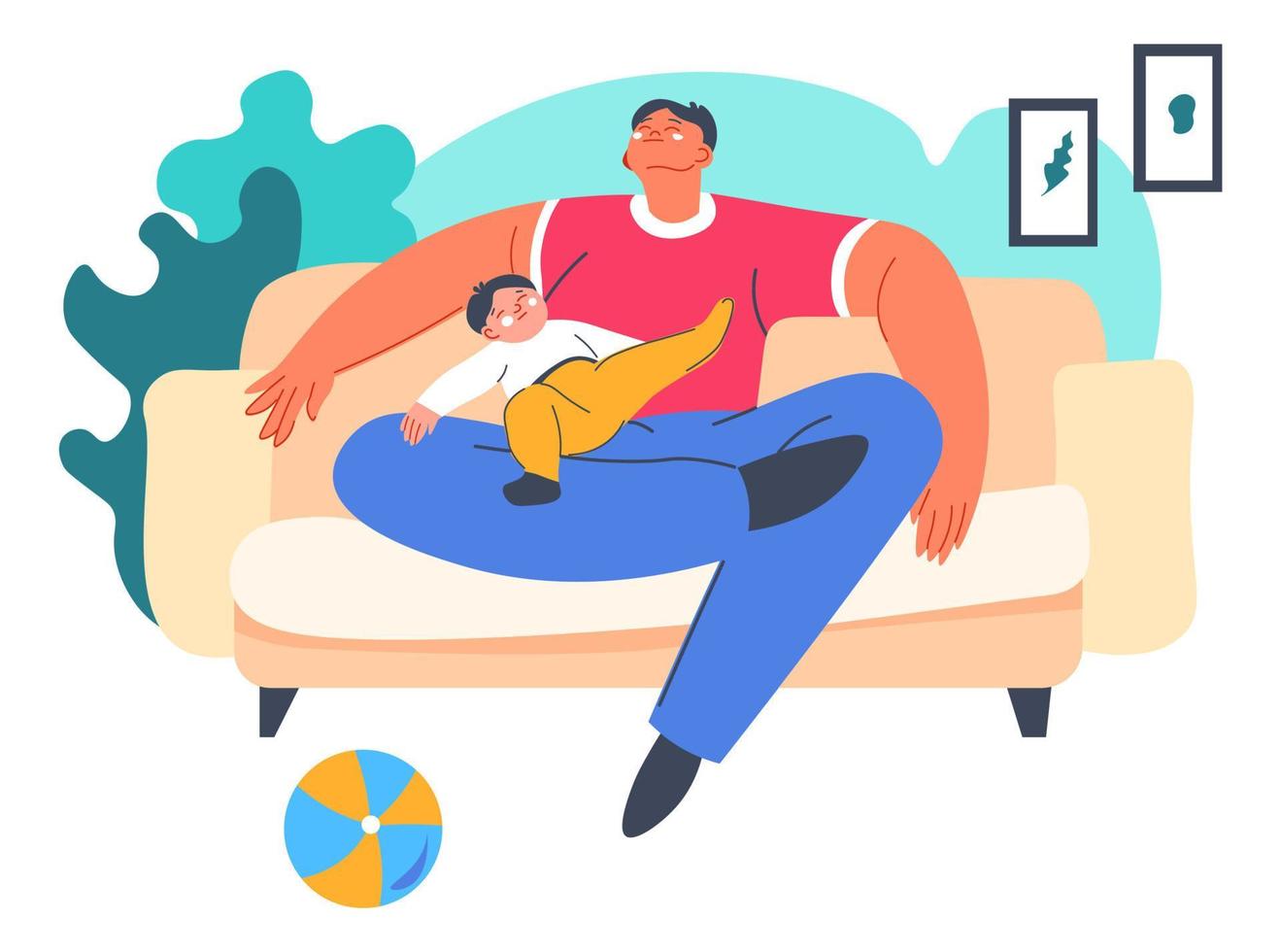 Dad and kid on couch spending weekend together vector