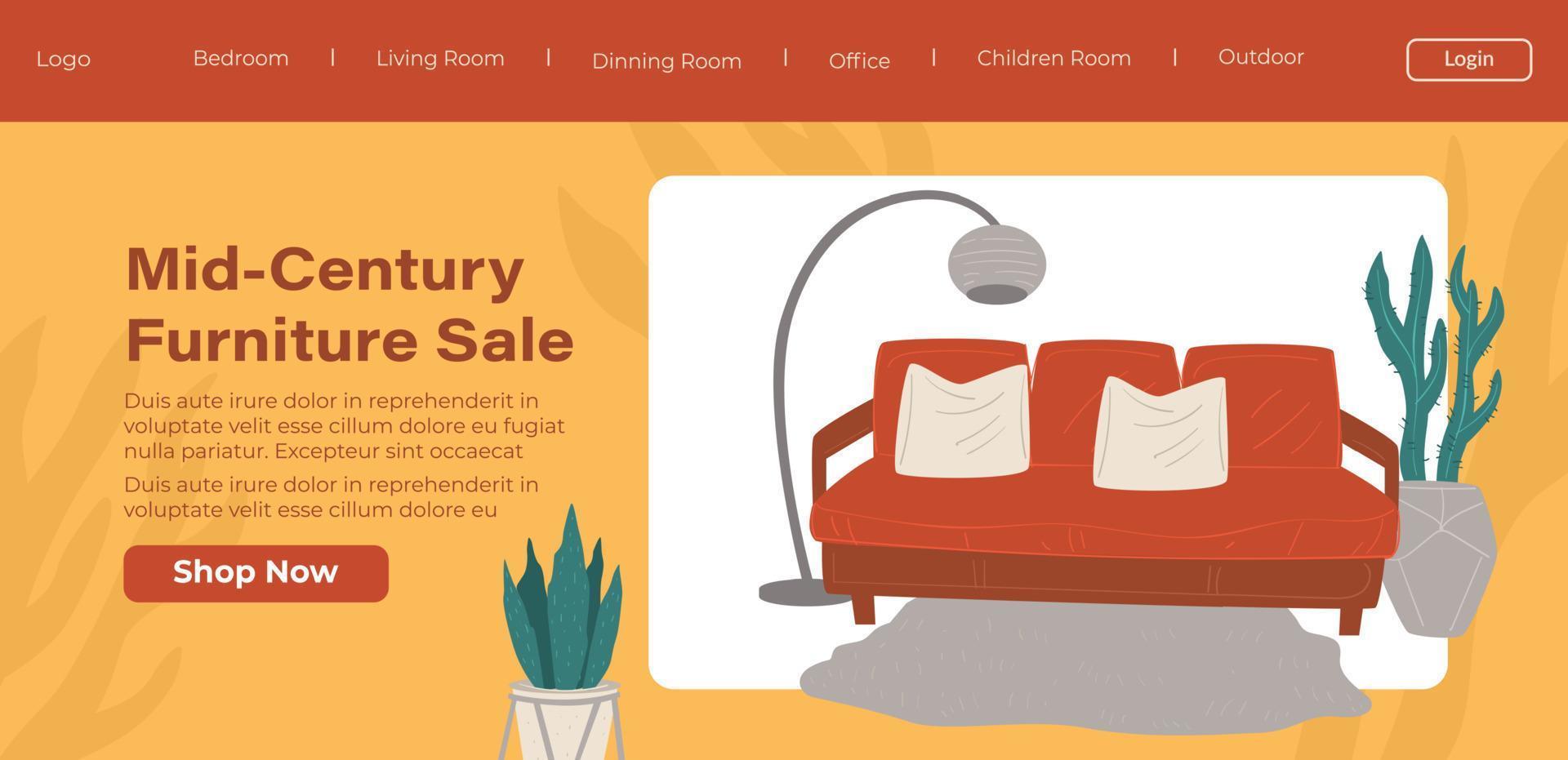 Mid century furniture sale website, page template vector