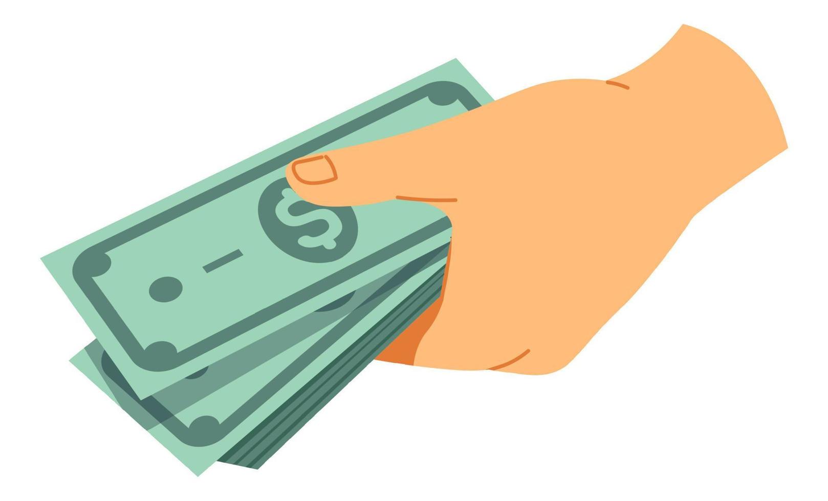 Hand holding dollars in hand, money cash pile vector