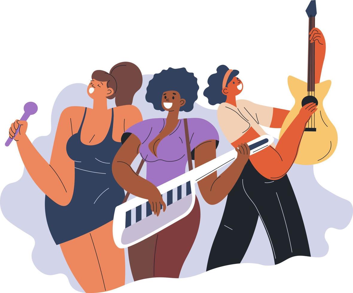 Female music band, singer and pianist, guitarist band of popular women. Pop genre, singing and playing instrument. Rehearsal or live concert on stage. Smiling girls on party. Vector in flat style