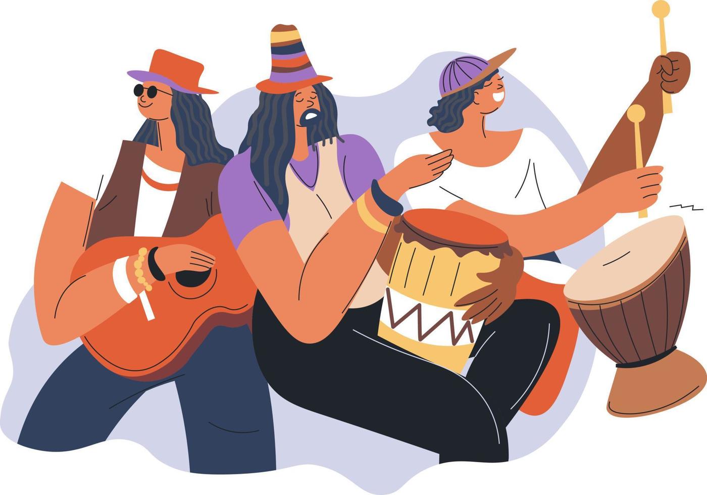 Musicians with instruments for reggae, isolated male characters with acoustic guitar or ukulele, drums and vocals singing. Festival performance or rehearsal for concert. Vector in flat style