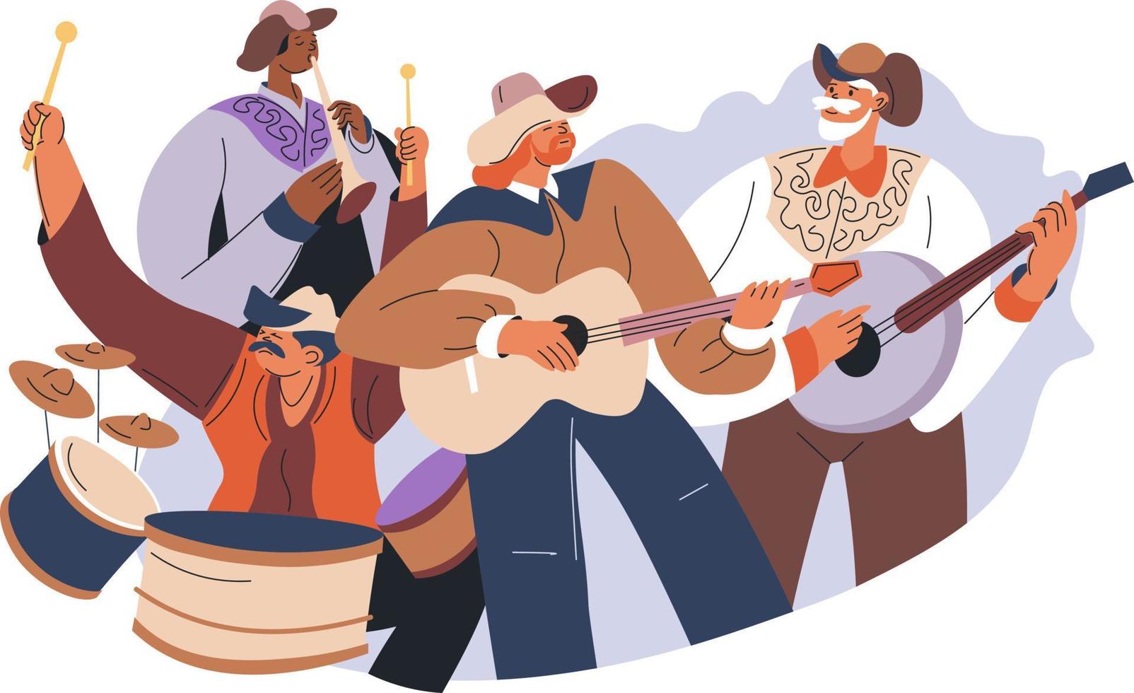 personas mayores tocando en banda de música, género de canciones country. personas con sombreros de vaquero y tambores, guitarras y voces. ensayo o preparación para concierto y escenario. vector en estilo plano