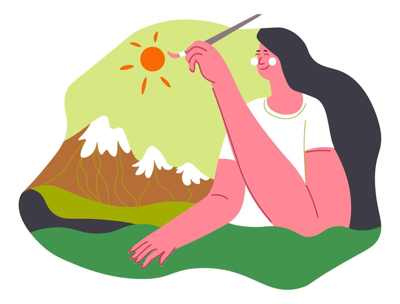 Female artist drawing mountains, sunshine vector