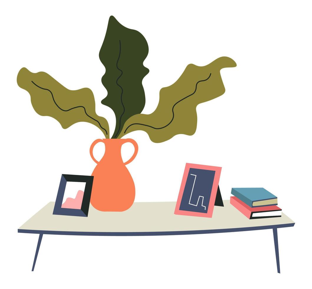mesa de café con jarrón y flor, foto de libros vector