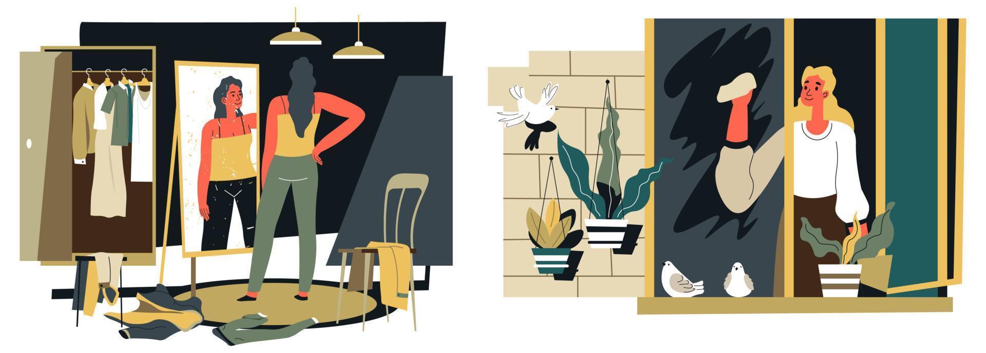 Cleaning windows and trying clothes, home chores vector