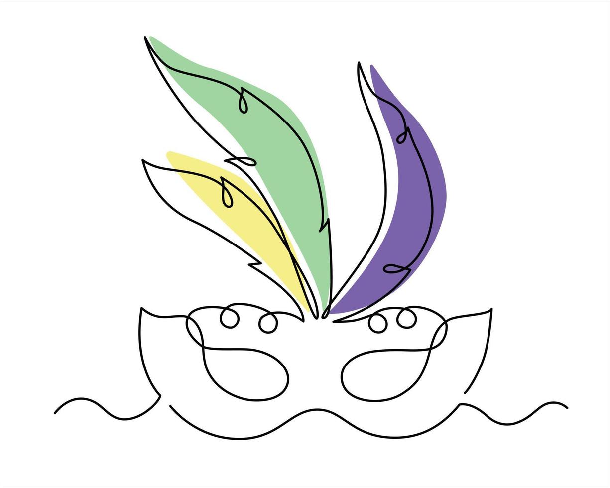 Mardi gras carnival feather mask single continuous line art with traditional purple, green and yellow colors vector illustration