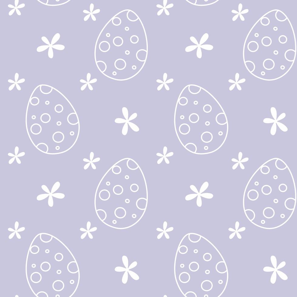 Easter polka dot pattern eggs and flowers seamless pattern on pastel puple background. Hand drawn doodle vector illustration.