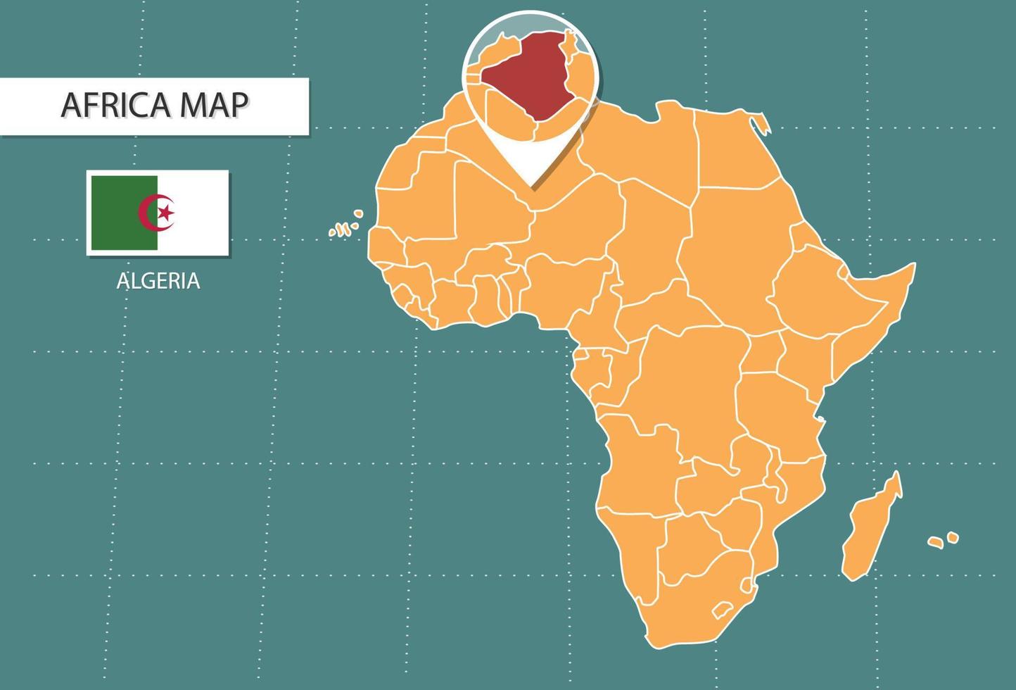 mapa de argelia en la versión zoom de áfrica, iconos que muestran la ubicación y las banderas de argelia. vector