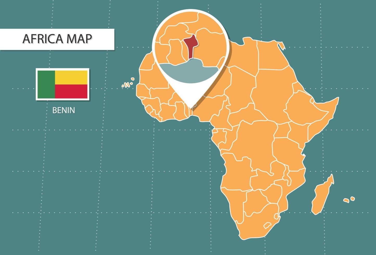 mapa de benin en la versión zoom de áfrica, iconos que muestran la ubicación y las banderas de benin. vector