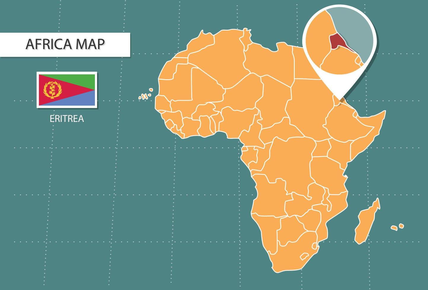 mapa de eritrea en la versión zoom de áfrica, iconos que muestran la ubicación y las banderas de eritrea. vector