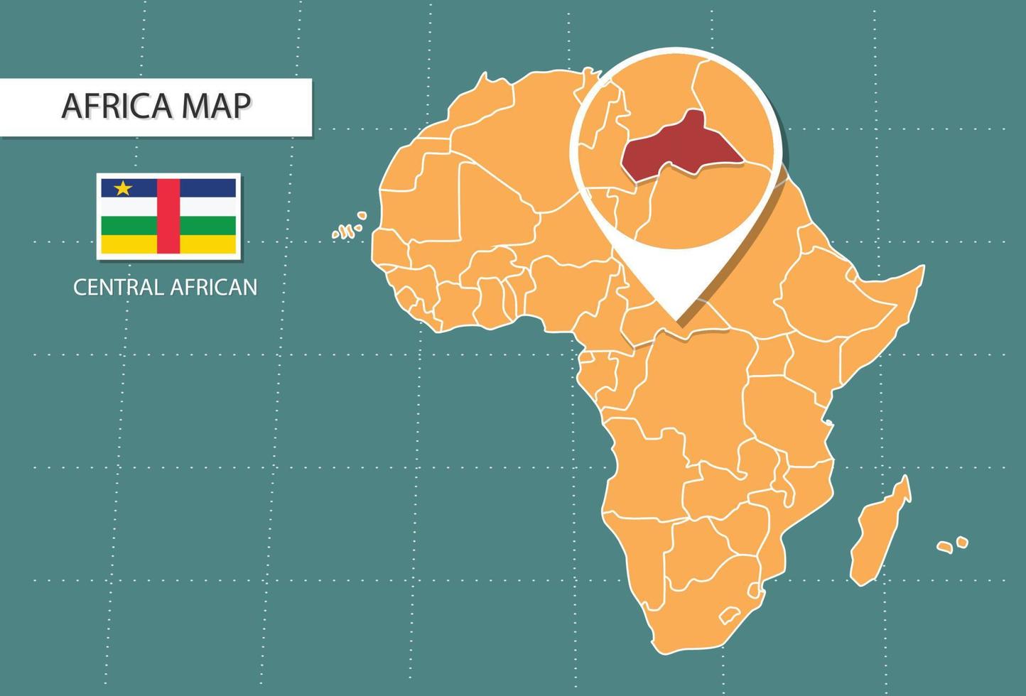 mapa de África central en la versión zoom de África, iconos que muestran la ubicación y las banderas de África central. vector