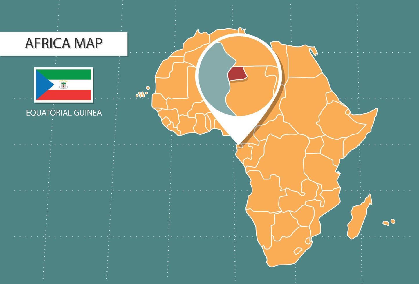 mapa de guinea ecuatorial en versión zoom de áfrica, íconos que muestran la ubicación y banderas de guinea ecuatorial. vector