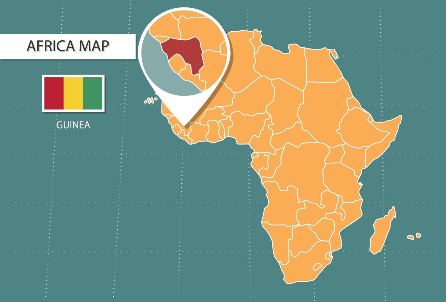 mapa de Guinea en la versión zoom de África, iconos que muestran la ubicación y las banderas de Guinea. vector