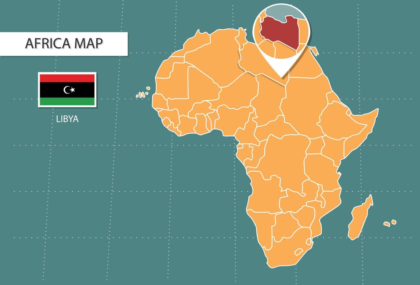 mapa de libia en la versión zoom de áfrica, iconos que muestran la ubicación y las banderas de libia. vector