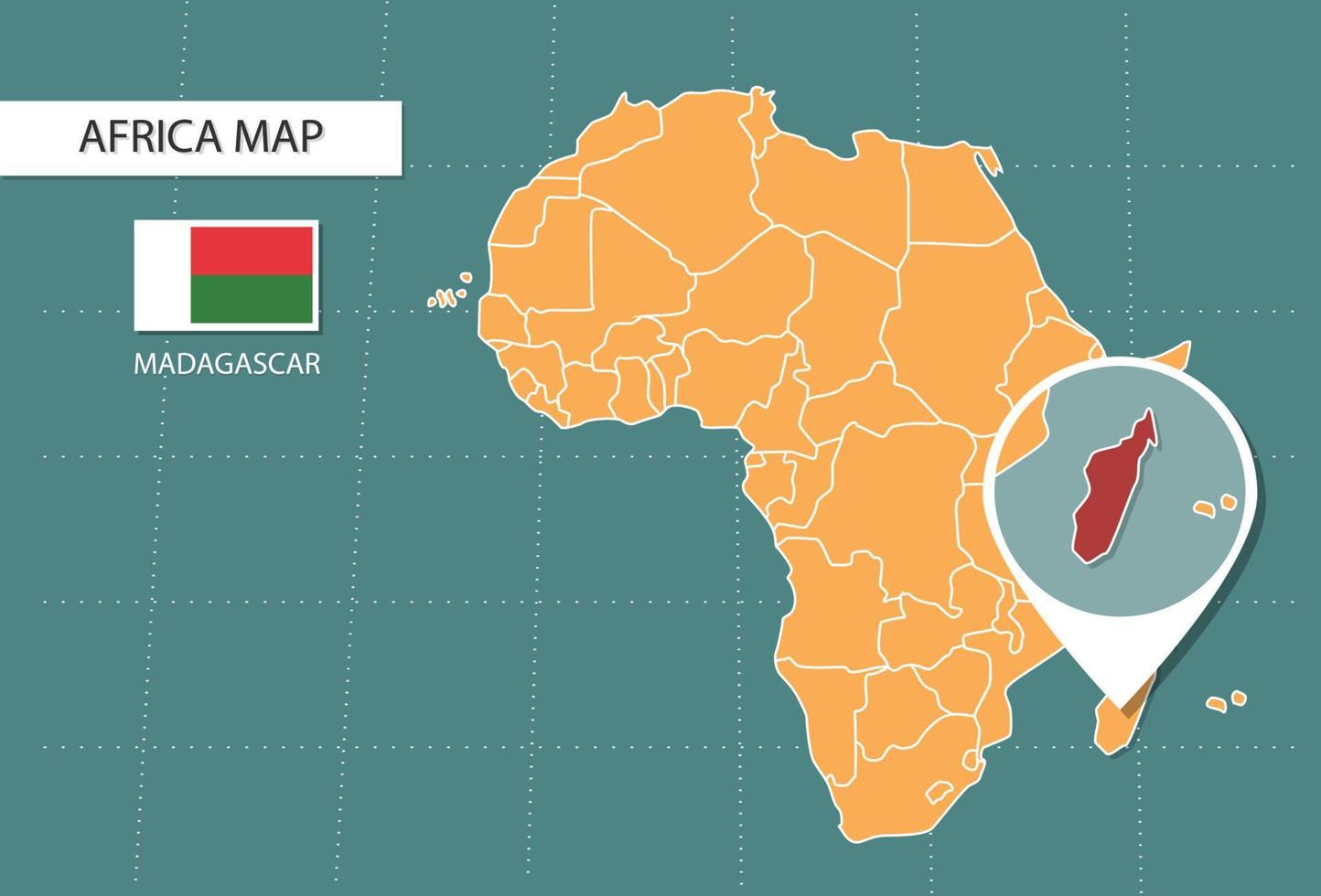 mapa de madagascar en la versión zoom de áfrica, iconos que muestran la ubicación y las banderas de madagascar. vector