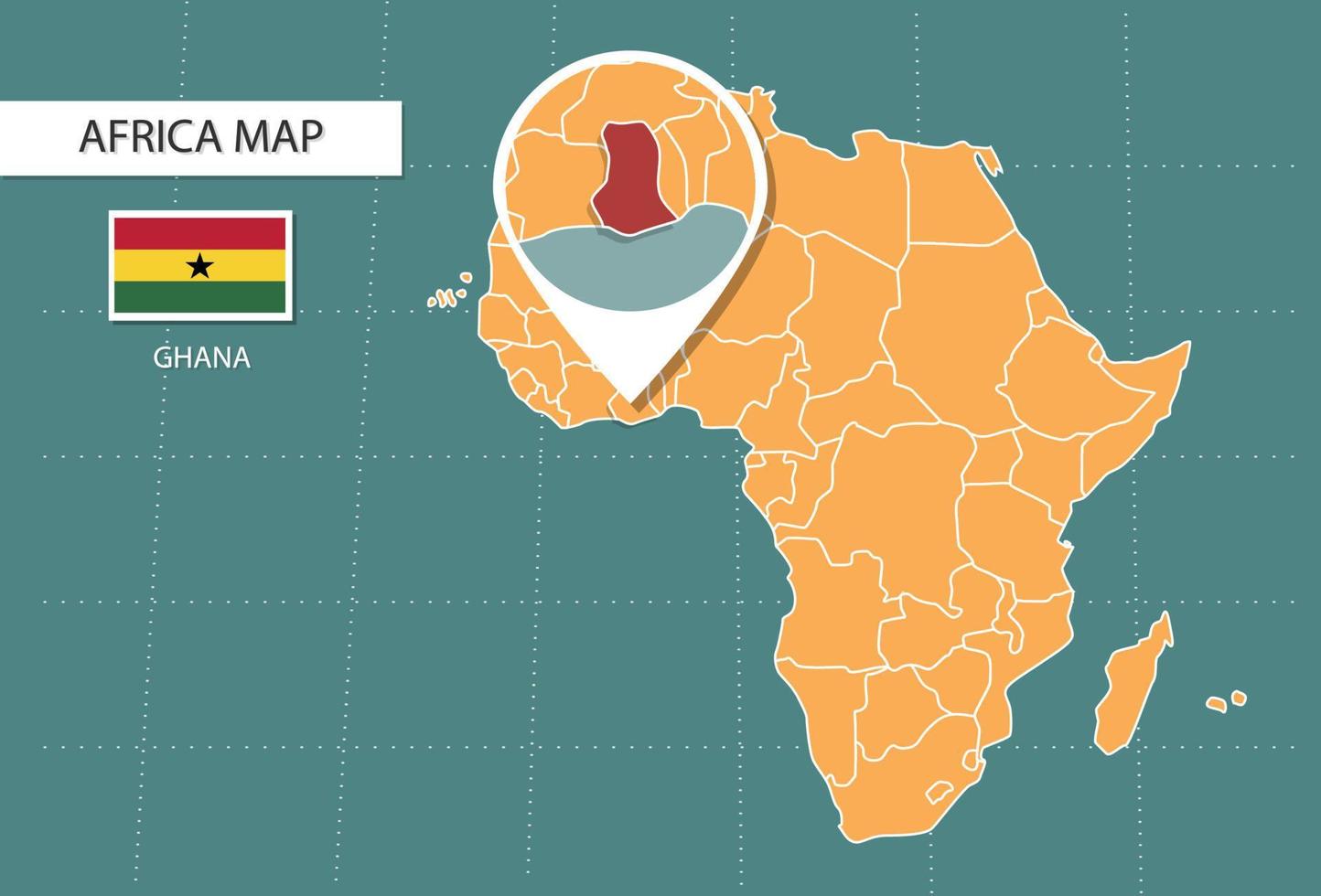 mapa de ghana en la versión zoom de áfrica, iconos que muestran la ubicación y las banderas de ghana. vector