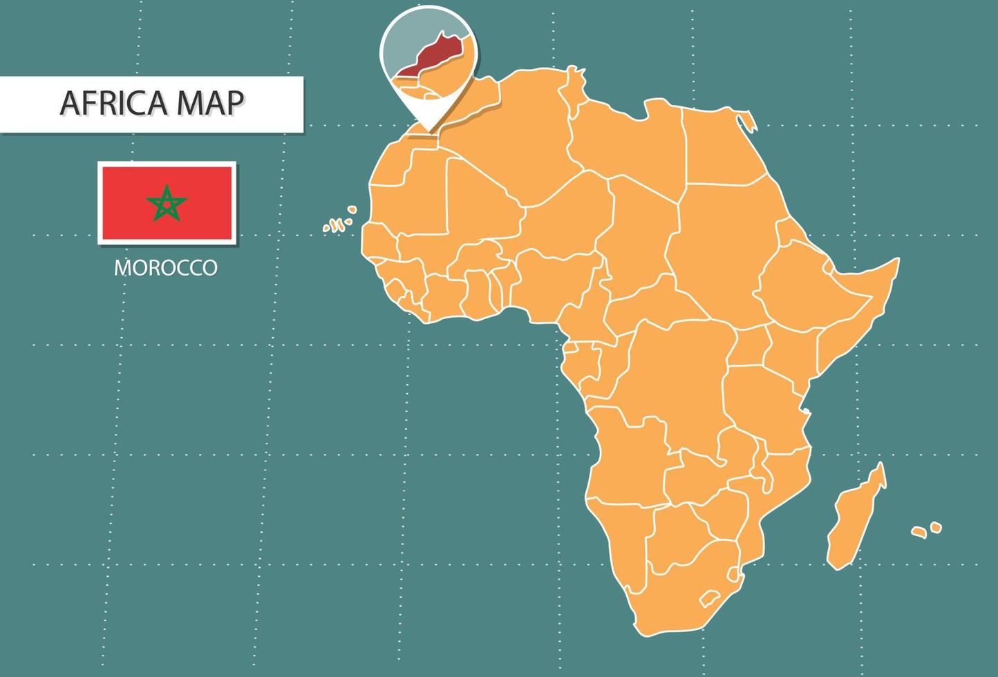 Morocco map in Africa zoom version, icons showing Morocco location and flags. vector