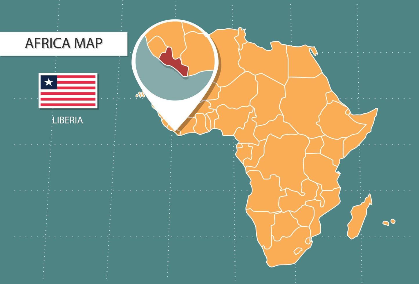 mapa de liberia en la versión zoom de áfrica, iconos que muestran la ubicación y las banderas de liberia. vector