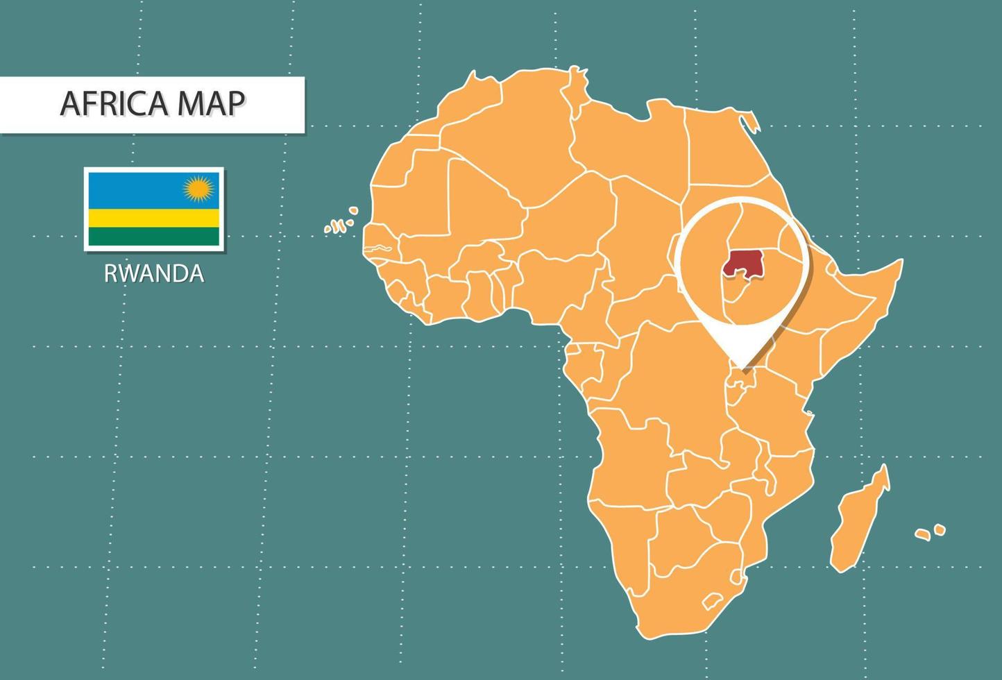 mapa de ruanda en la versión de zoom de áfrica, iconos que muestran la ubicación y las banderas de ruanda. vector