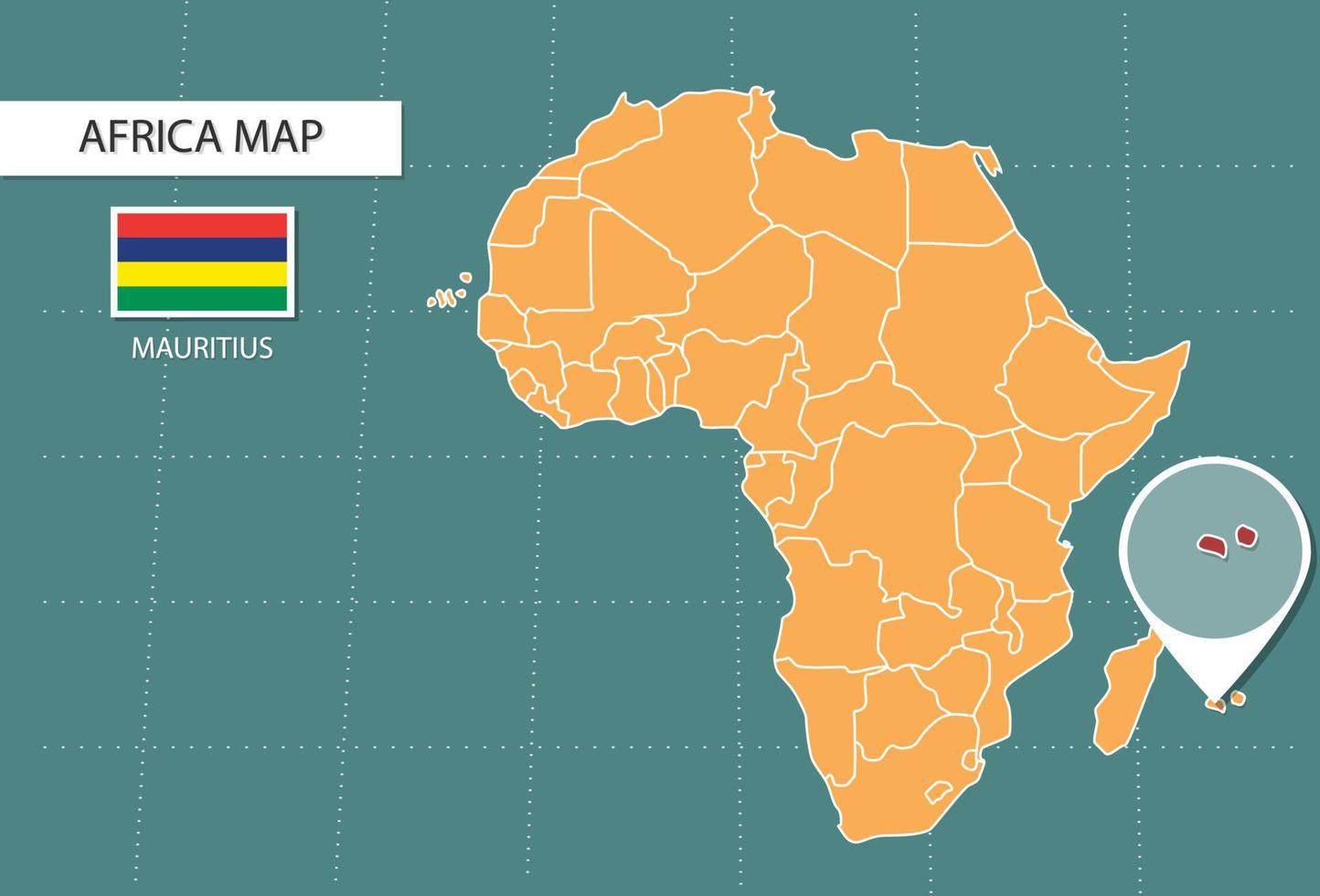 mapa de mauricio en la versión zoom de áfrica, iconos que muestran la ubicación y las banderas de mauricio. vector