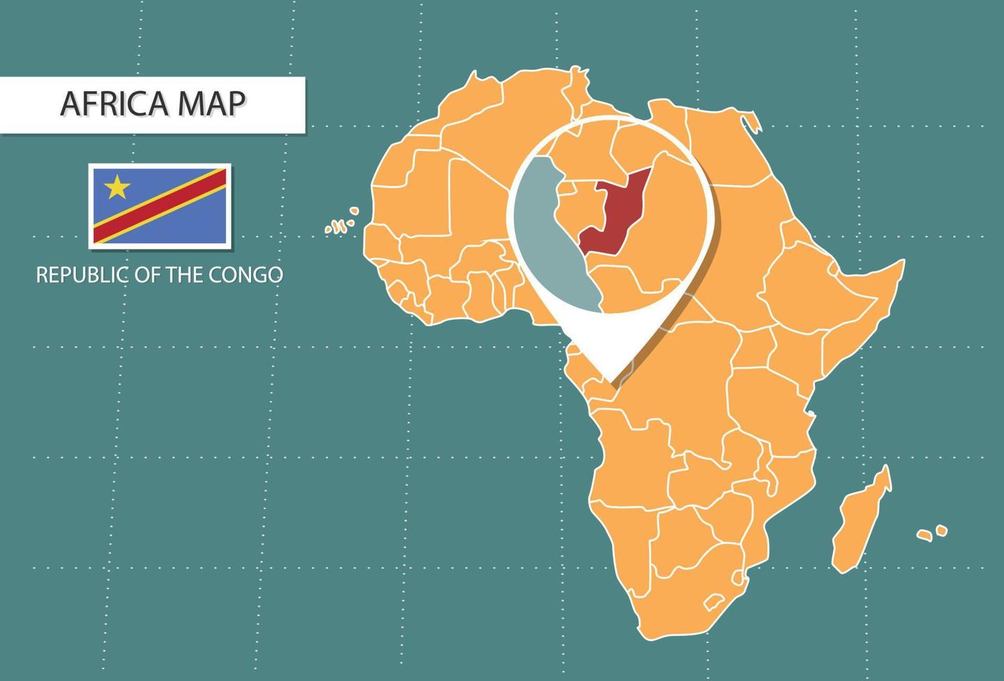 mapa de la república del congo en la versión zoom de áfrica, iconos que muestran la ubicación y las banderas de la república del congo. vector