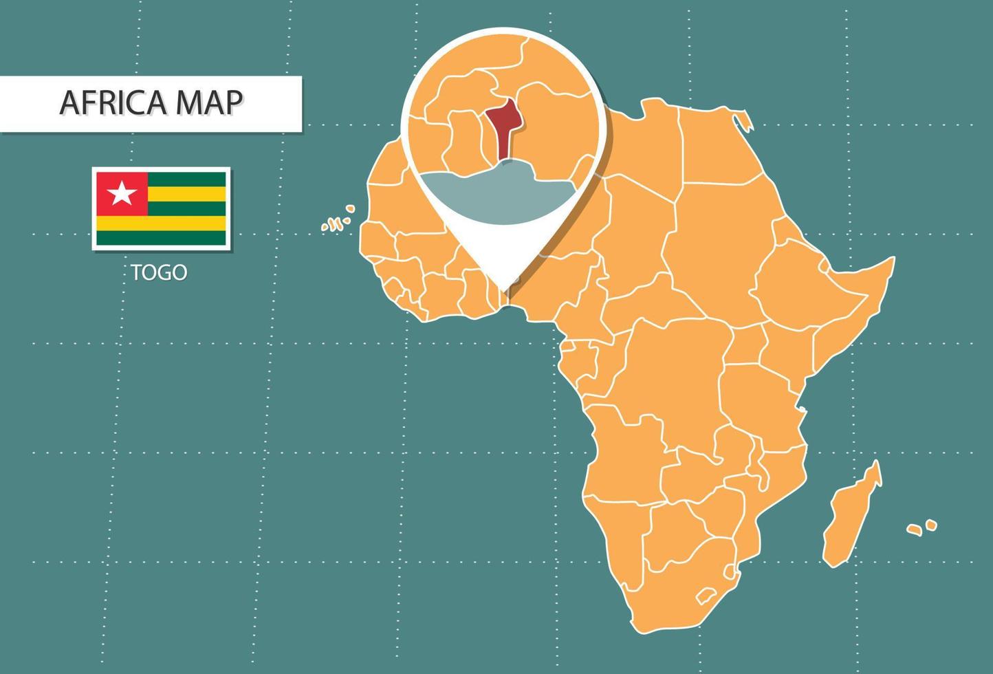 mapa de togo en la versión zoom de áfrica, iconos que muestran la ubicación de togo y banderas. vector