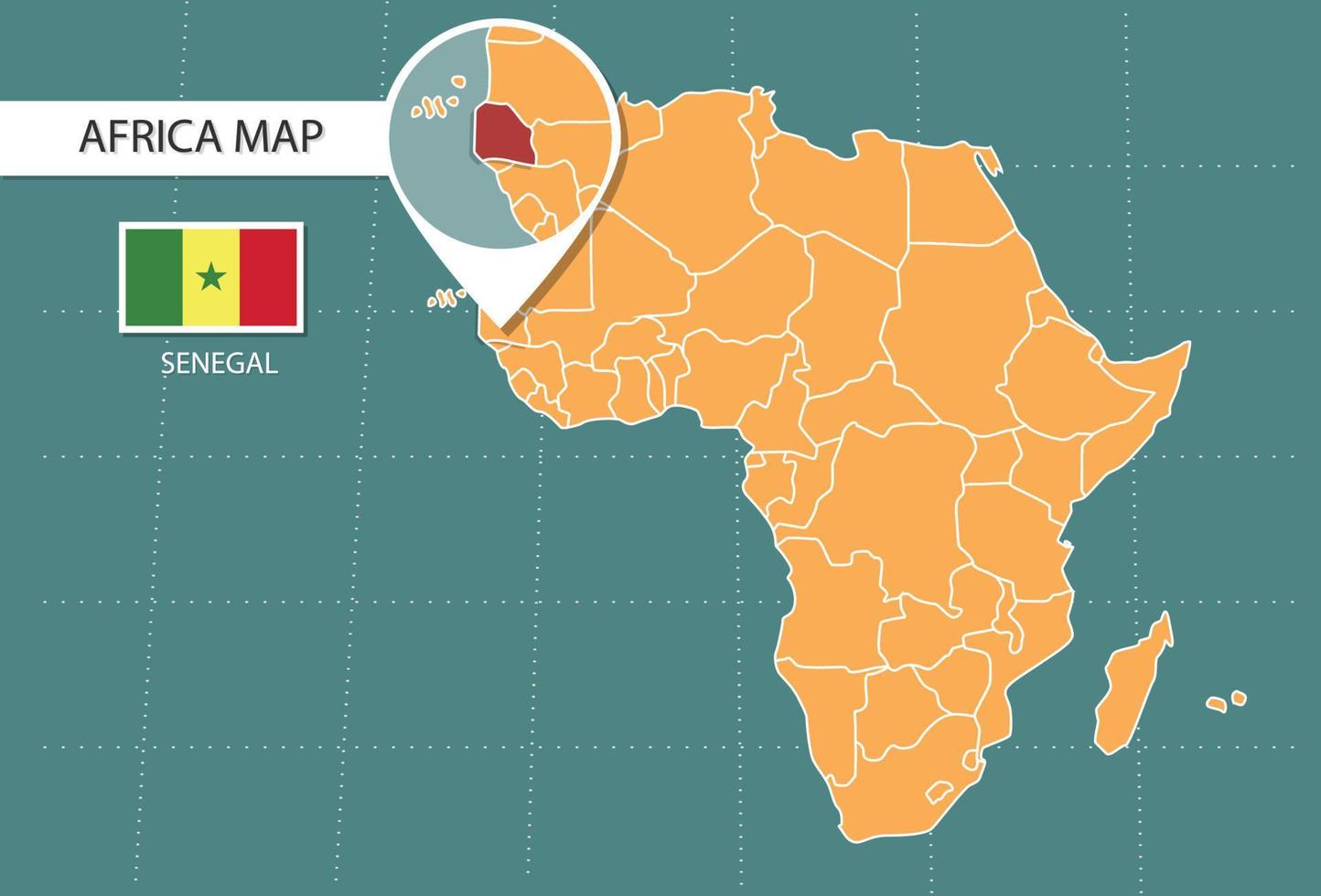 mapa de senegal en la versión zoom de áfrica, iconos que muestran la ubicación y las banderas de senegal. vector