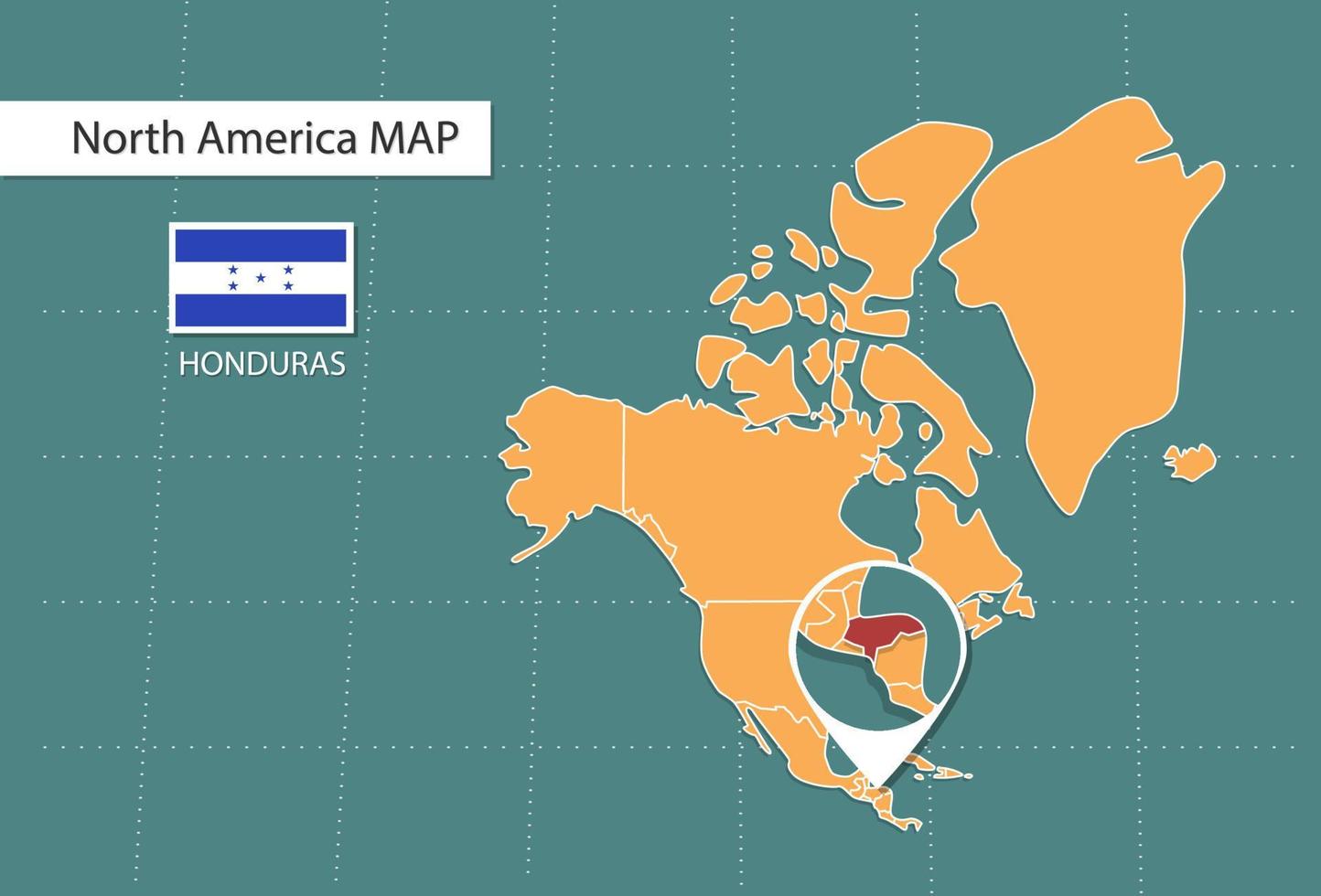 mapa de honduras en la versión de zoom de américa, iconos que muestran la ubicación y las banderas de honduras. vector