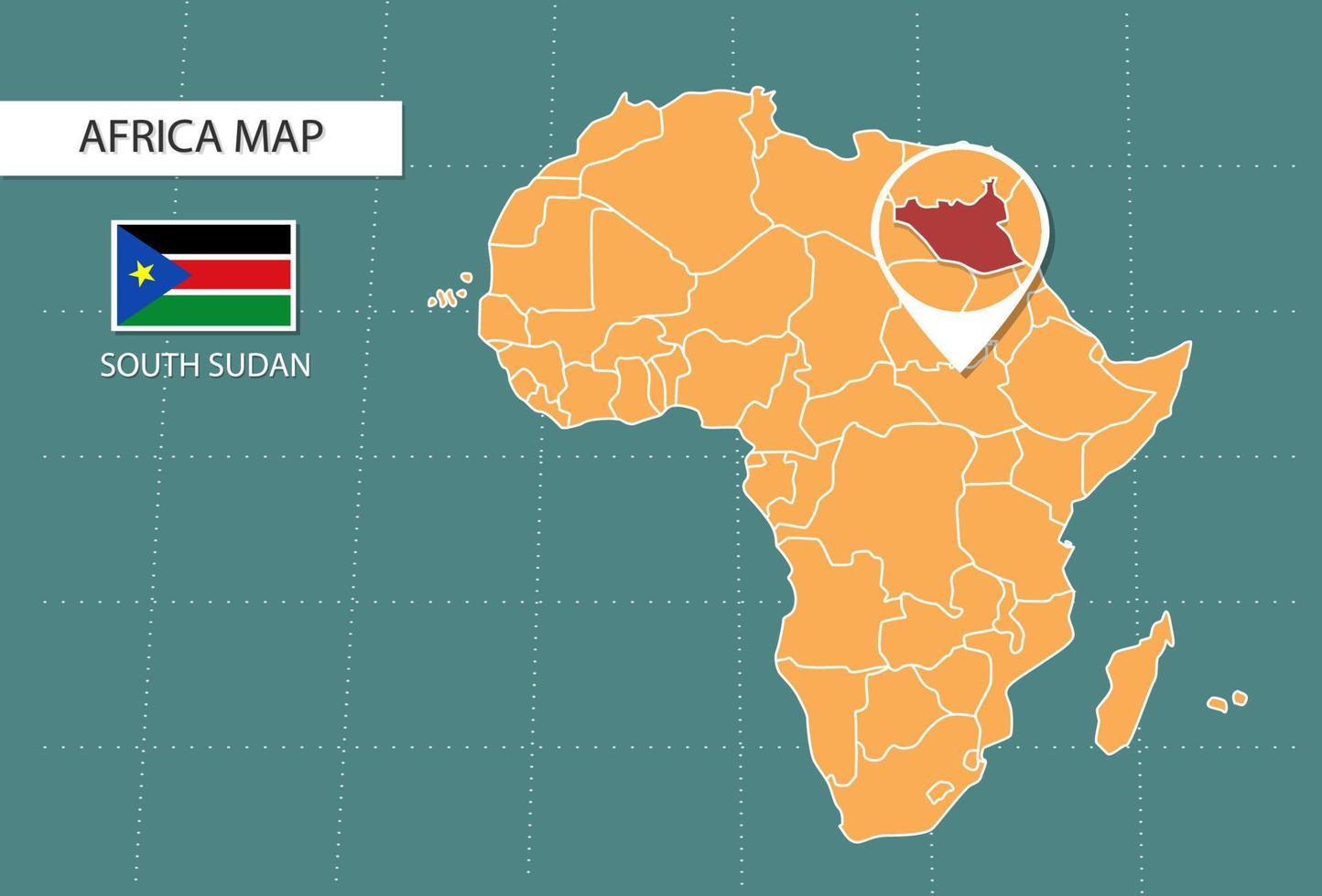 mapa de sudán del sur en la versión zoom de áfrica, iconos que muestran la ubicación y las banderas de sudán del sur. vector
