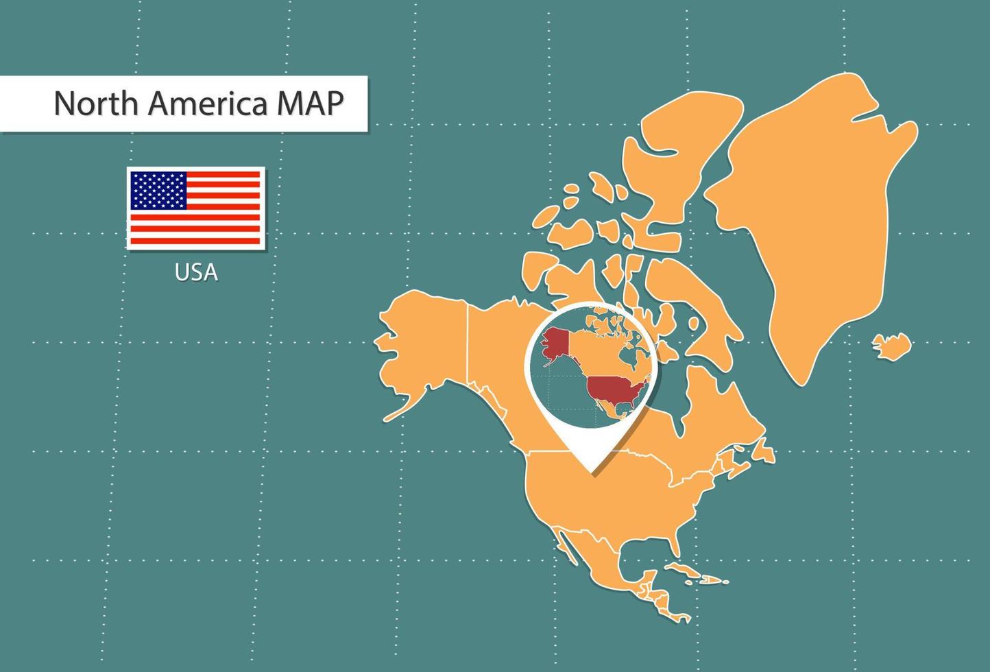 mapa de estados unidos en la versión de zoom de estados unidos, iconos que muestran la ubicación de estados unidos y banderas. vector