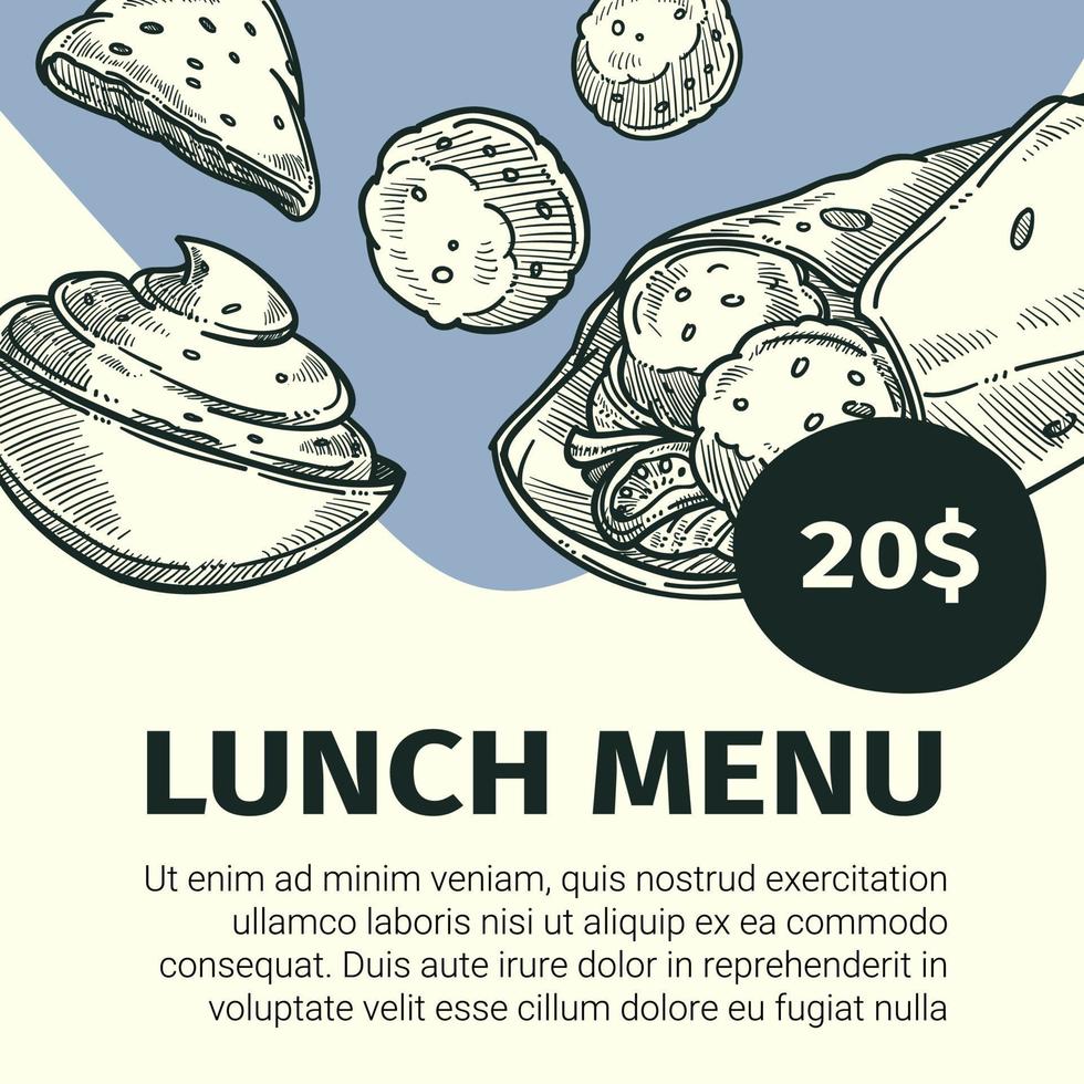 menú de almuerzo, vector de banner de shawarma de comida callejera