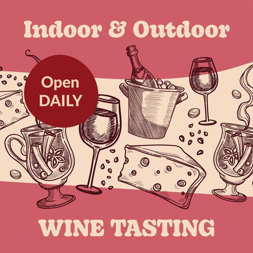 Indoor and outdoor wine tasting, open daily banner vector