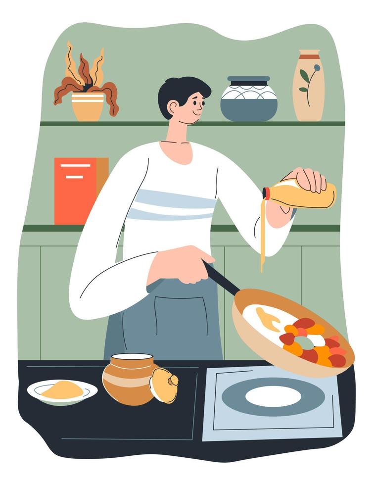 Man cooking dishes at home, frying vegetables vector