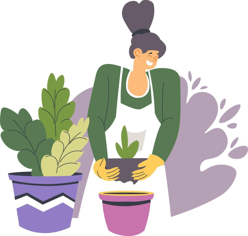 Female character planting woman with plants in pot vector