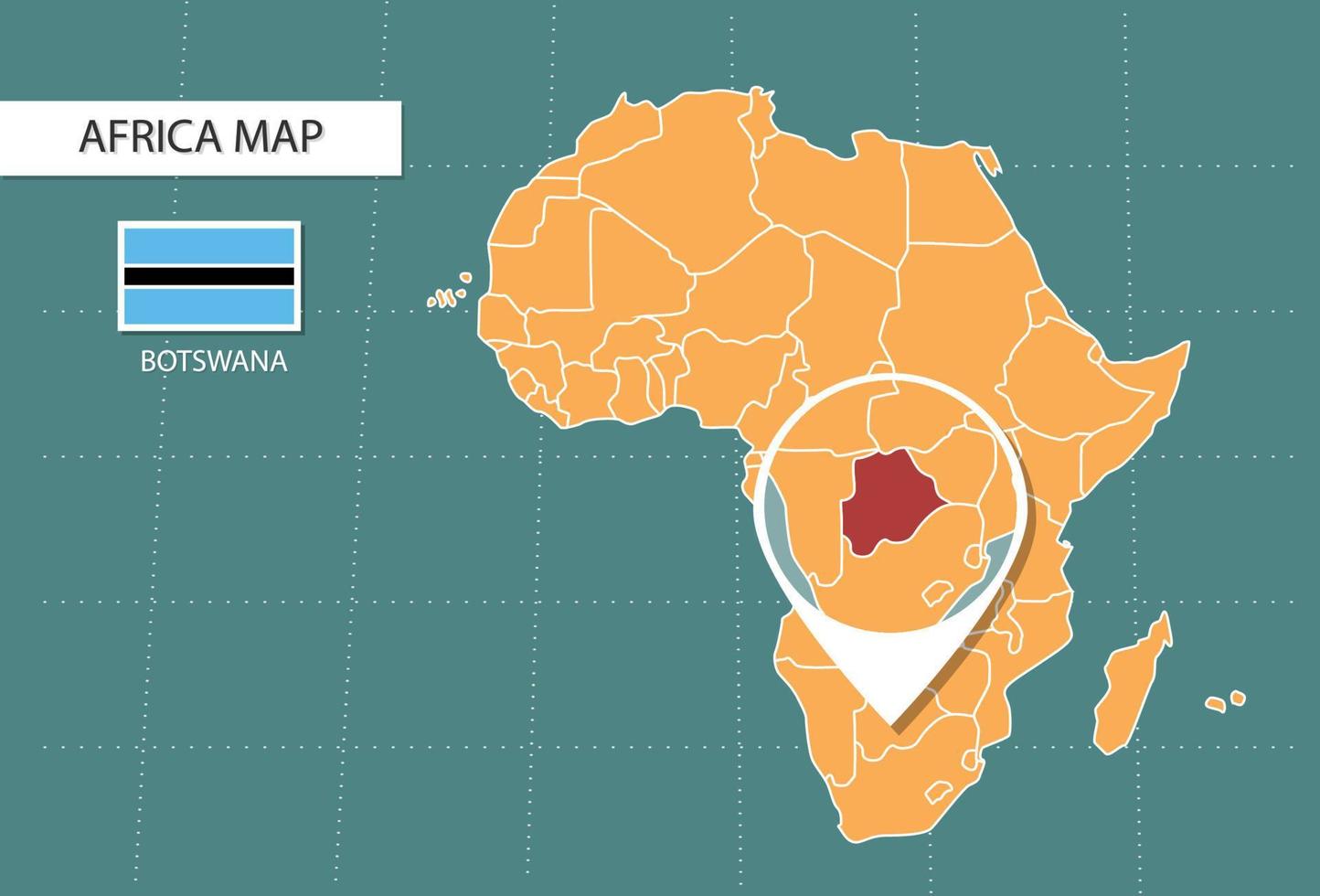 mapa de botswana en la versión zoom de áfrica, iconos que muestran la ubicación y las banderas de botswana. vector