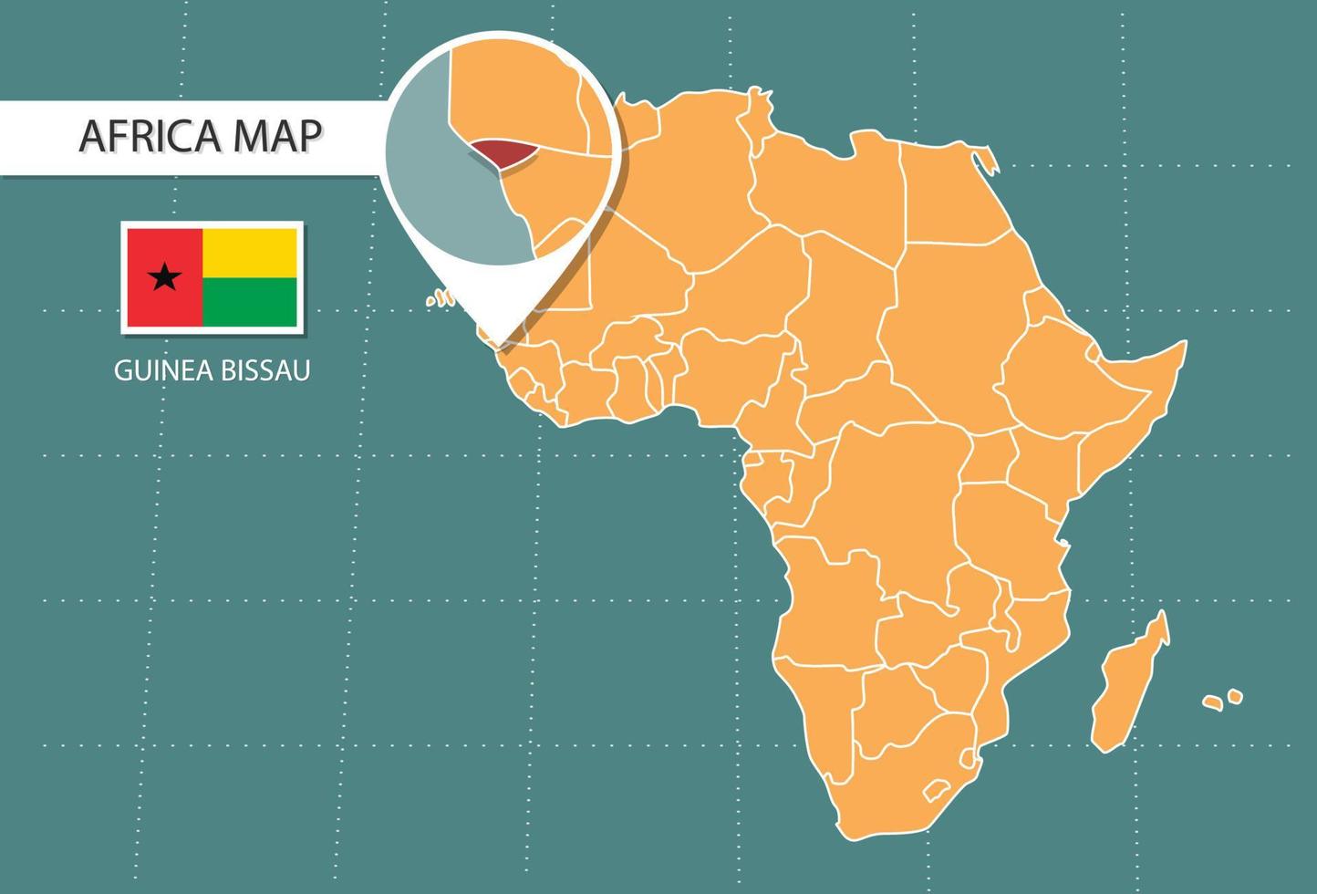 mapa de guinea bissau en la versión zoom de áfrica, iconos que muestran la ubicación y las banderas de guinea bissau. vector