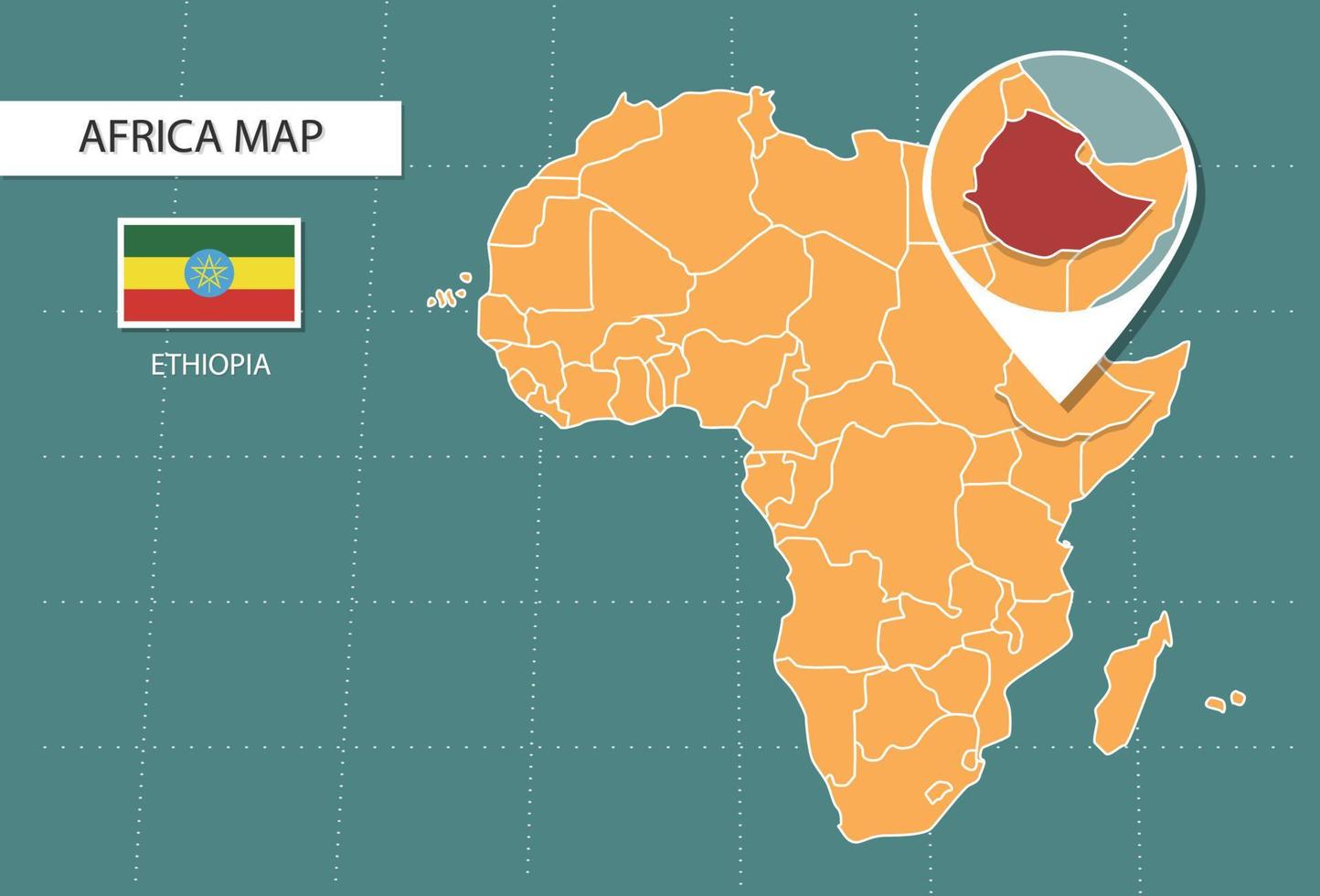 mapa de etiopía en la versión zoom de áfrica, iconos que muestran la ubicación y las banderas de etiopía. vector