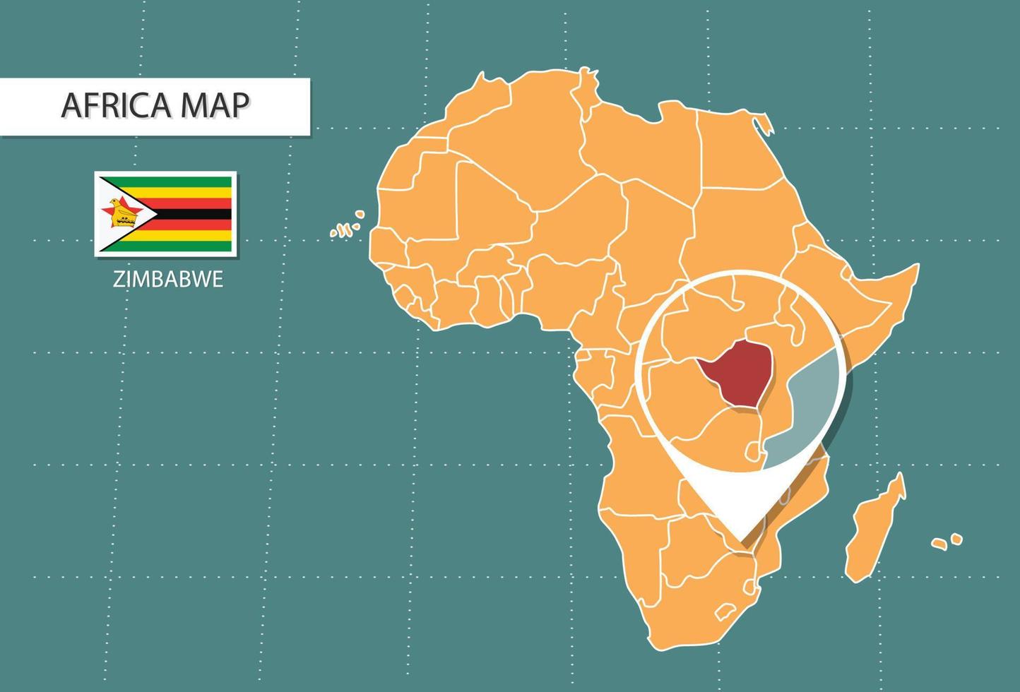 mapa de zimbabwe en la versión zoom de áfrica, iconos que muestran la ubicación y las banderas de zimbabwe. vector