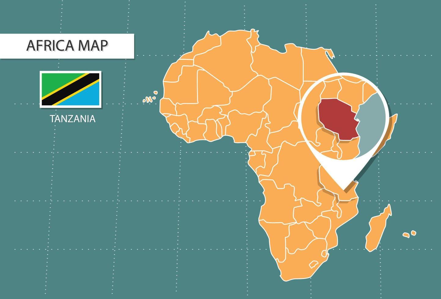 mapa de tanzania en la versión zoom de áfrica, iconos que muestran la ubicación y las banderas de tanzania. vector