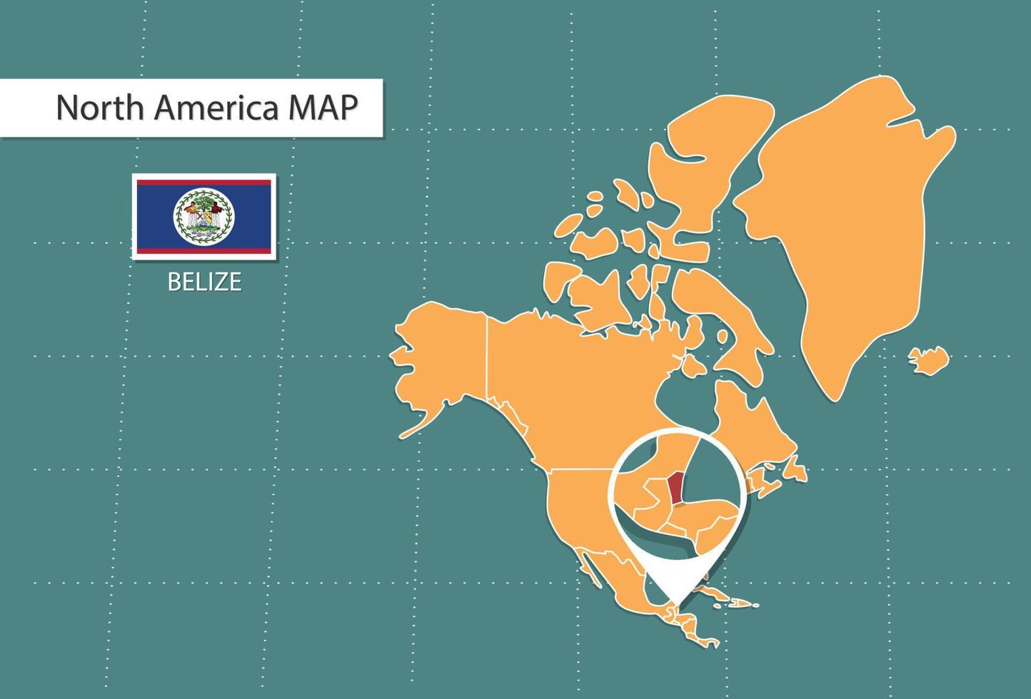 Mapa de Belice en la versión de zoom de América, íconos que muestran la ubicación y las banderas de Belice. vector