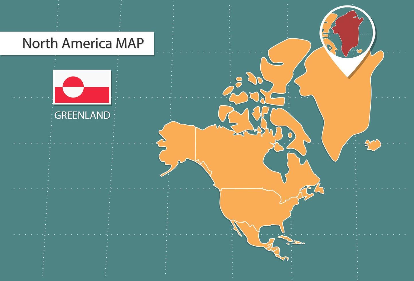 Mapa de Groenlandia en la versión de zoom de América, iconos que muestran la ubicación y las banderas de Groenlandia. vector