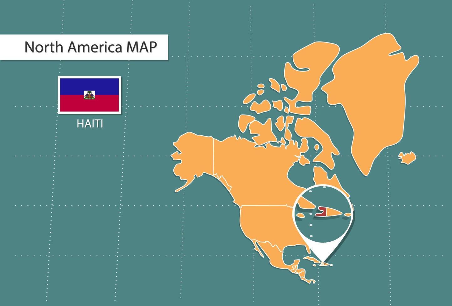 mapa de haití en la versión de zoom de américa, iconos que muestran la ubicación y las banderas de haití. vector