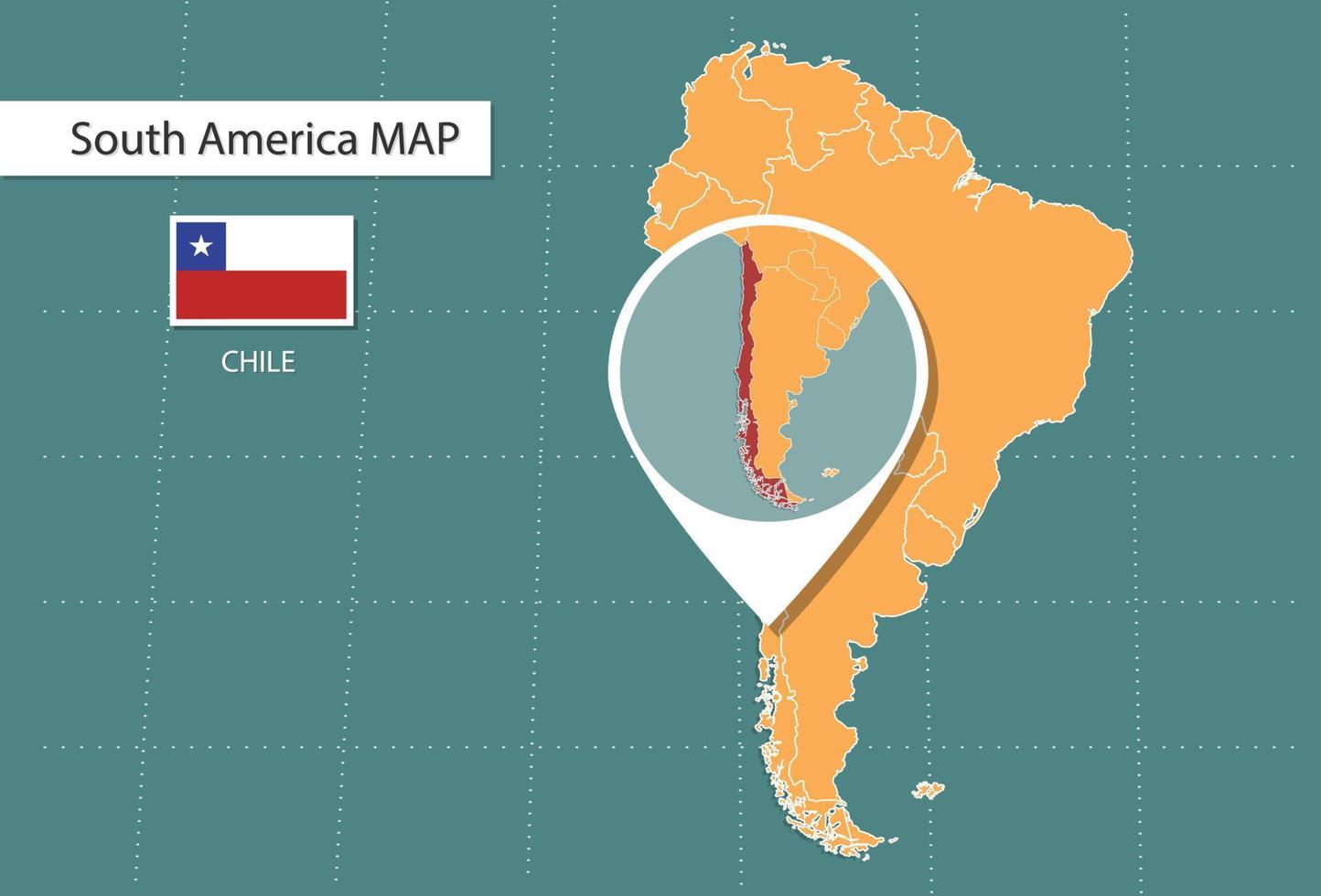 mapa de chile en la versión de zoom de América, íconos que muestran la ubicación de chile y banderas. vector