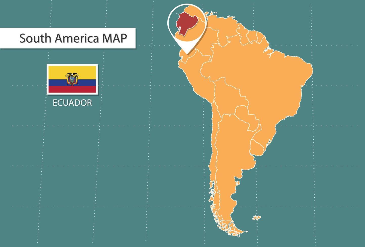 Ecuador map in America zoom version, icons showing Ecuador location and flags. vector