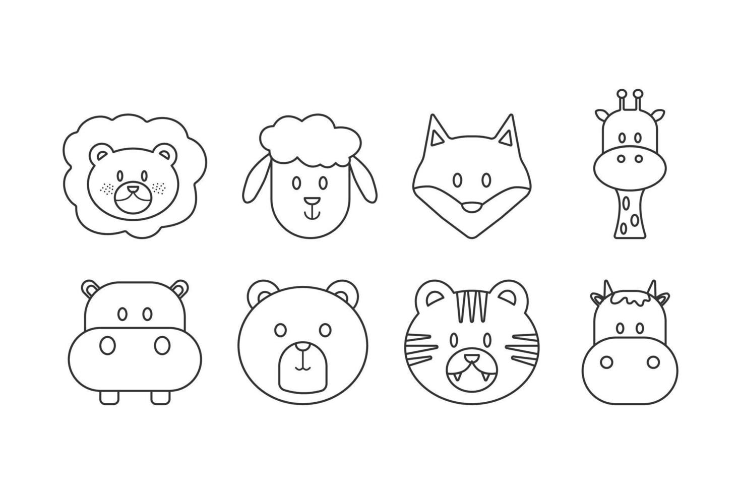 Animal cartoon faces by hand drawn style for coloring. Vector animal cartoon character illustration about lion, sheep, fox, giraffe, hippopotamus, bear, tiger and cow.