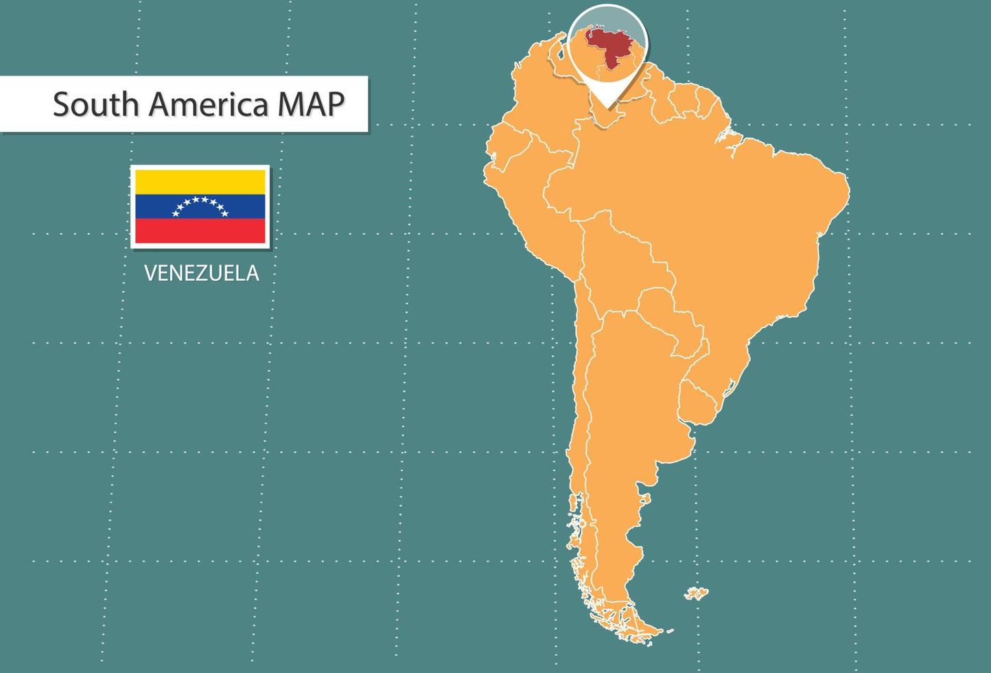 Venezuela map in America zoom version, icons showing Venezuela location and flags. vector