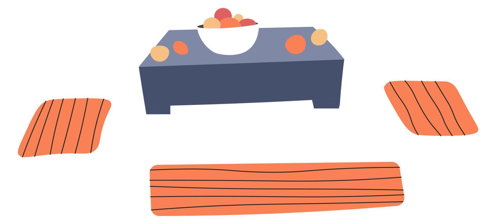 mesa de café con tazón de frutas y alfombras de piso vector